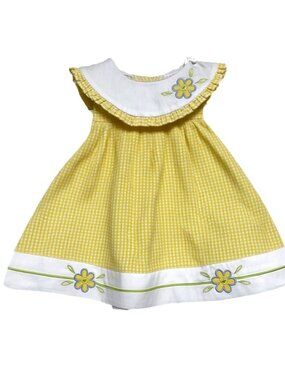 NEW Vintage Seersucker 12 Month Yellow White Plaid Flower Collared Dress Prairie